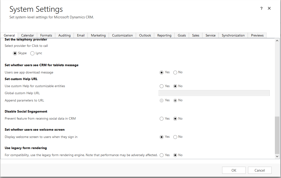 System setting for Microsoft Dynamics CRM.
