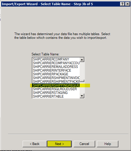 World ship import/export wizard, select table name, step 3b of 5.