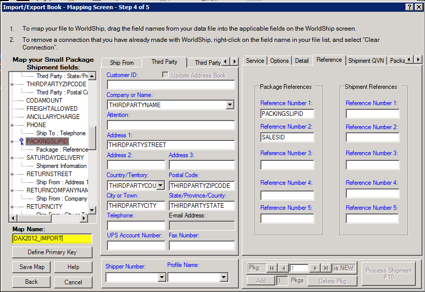 World ship import/export book, mapping screen, step 4 of 5, third party tab, map name.