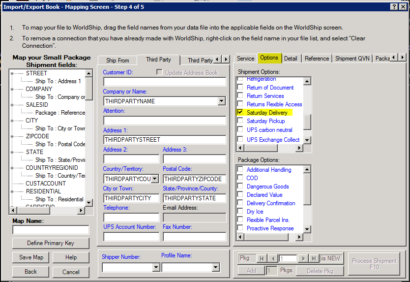 World ship import/export book, mapping screen, step 4 of 5, options tab.