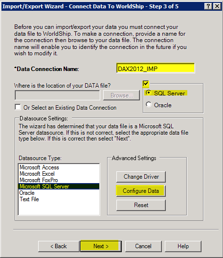 World ship import/export wizard, select connect data to world ship, step 3 of 5.