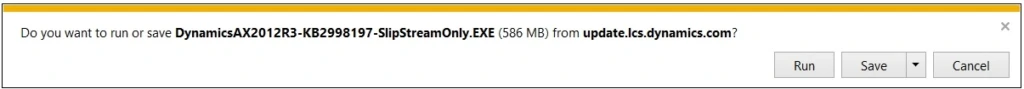 Select to save the DynamicsAX2012R3-KB2998197-SlipStreamOnly.exe file to a location on your hard drive.