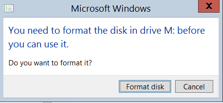 Warning that the disk must be formatted in drive M before it can be used.