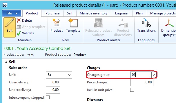 Customer account form, assigning a charges group to an item.