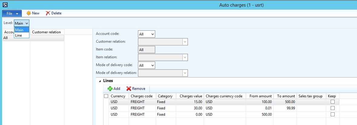 Customer account form, identifying which level, main or line, the auto charge will be applied on.