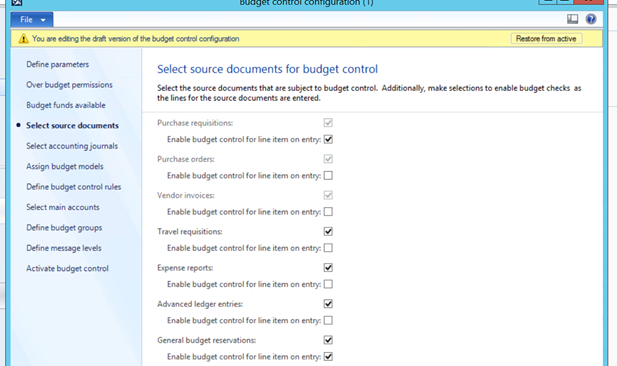 Select source documents for budget control.