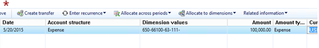 Add line, select account structure, enter the dimension values and amount.