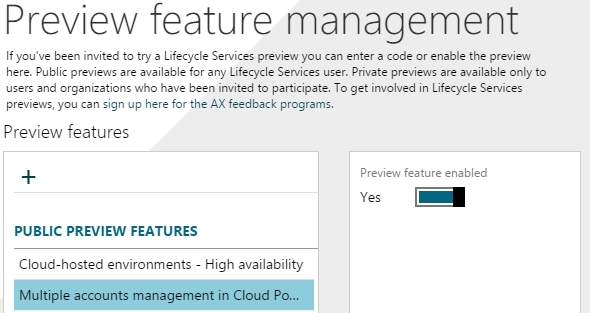 Preview feature management tile in LCS.