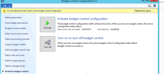 Activate budget control configuration.