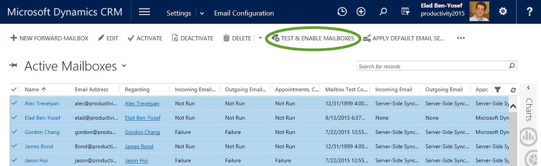 Selecting multiple mailboxes to test and enable them together.