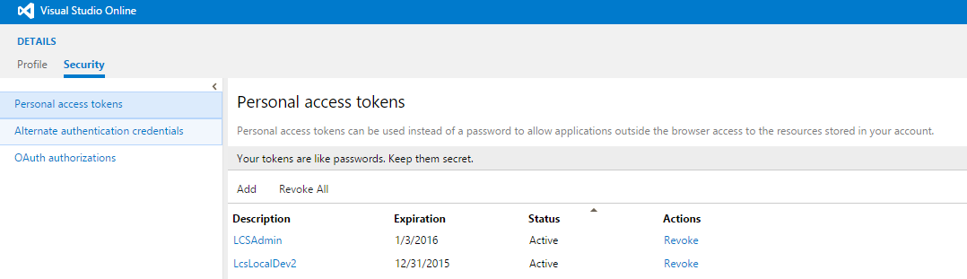 Personal access tokens.