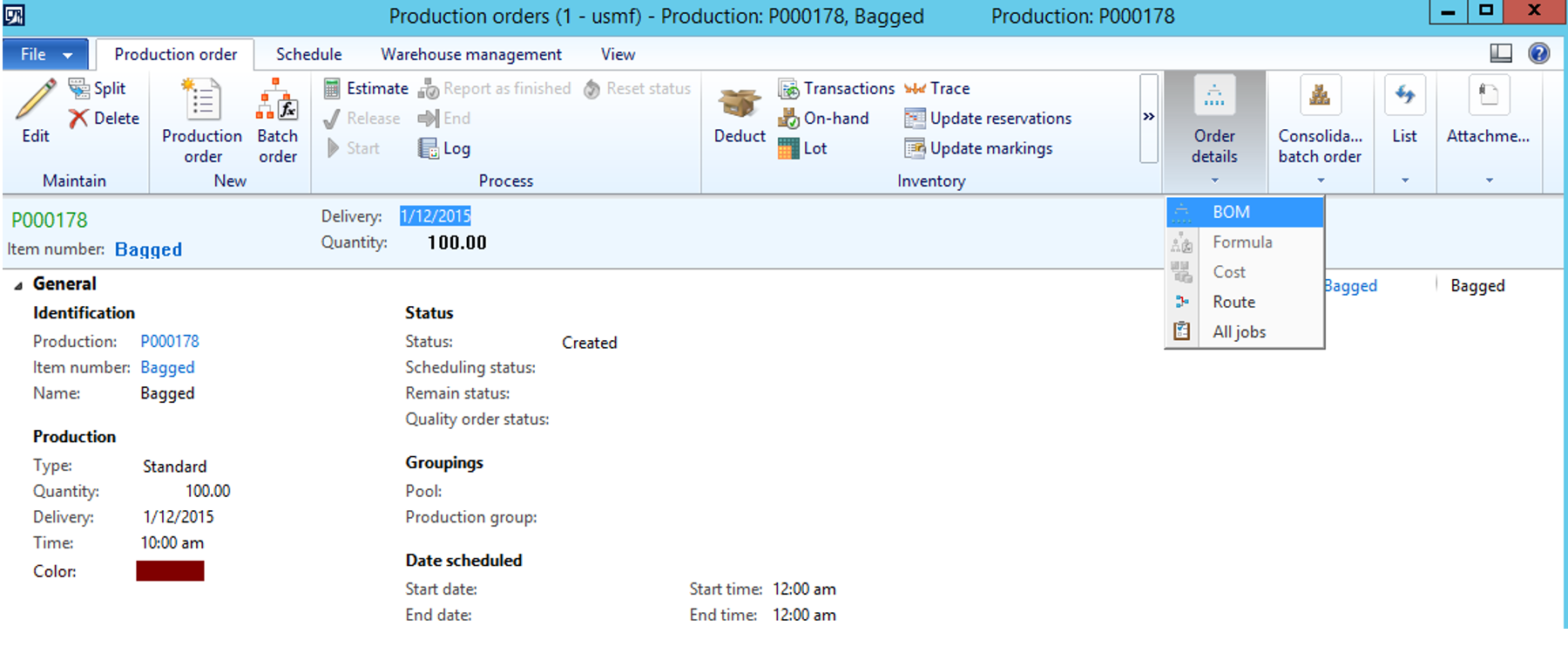 Selecting BOM in the order details menu.