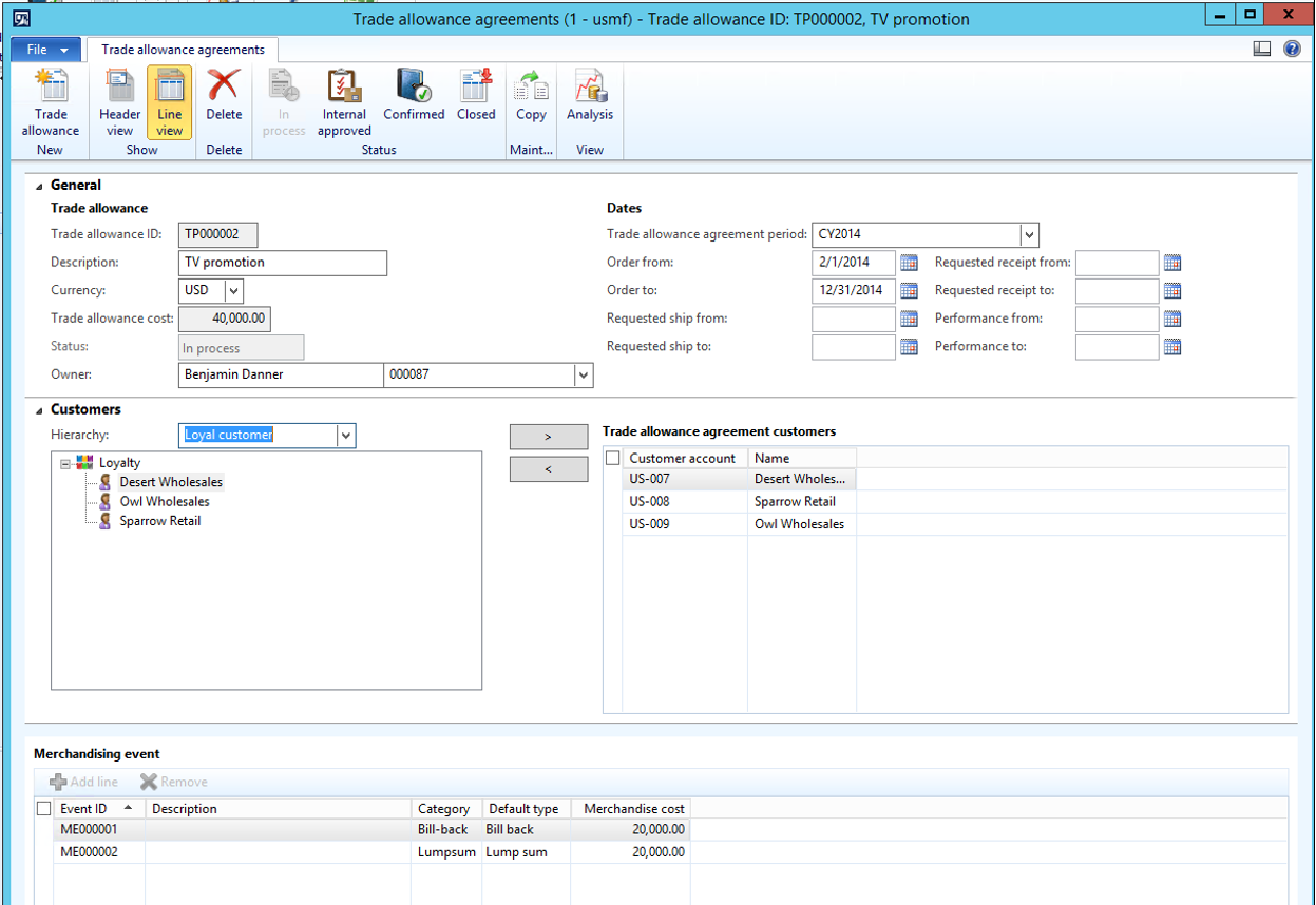 Trade allowance agreements line view.