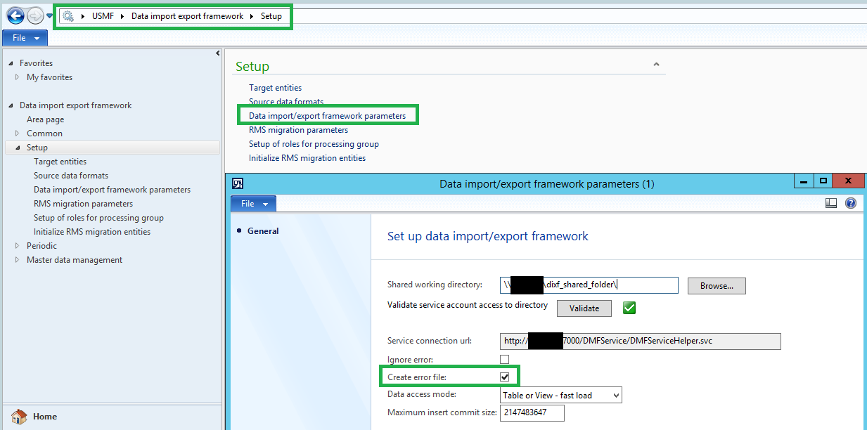 Data import/export framework parameters.