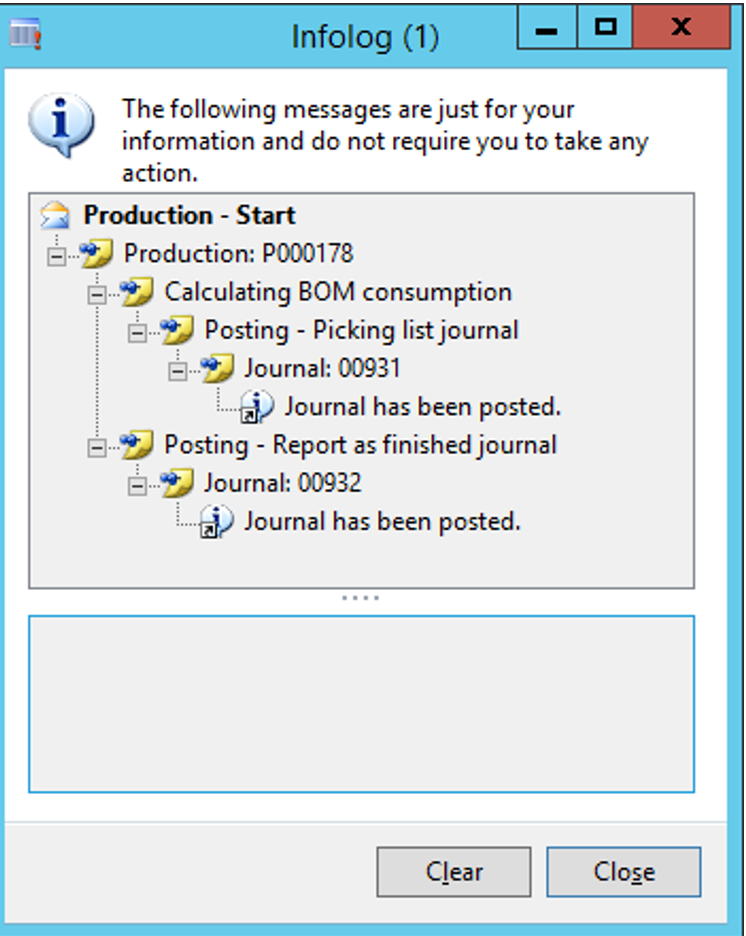Infolog indication the consumption of bulk item.