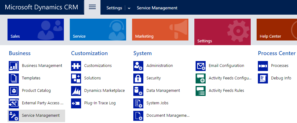 Microsoft Dynamics CRM service management.