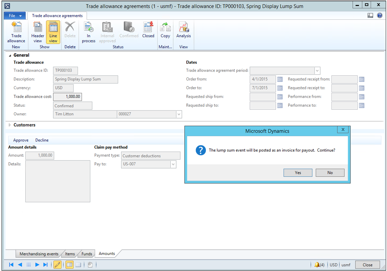 Trade allowance agreements clicking Yes button on message.