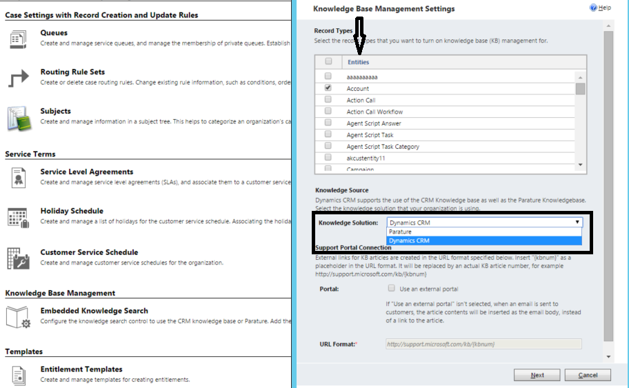 Knowledge base management settings.