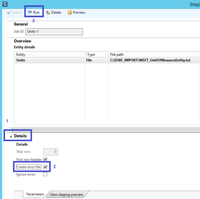 Create error file checkbox.