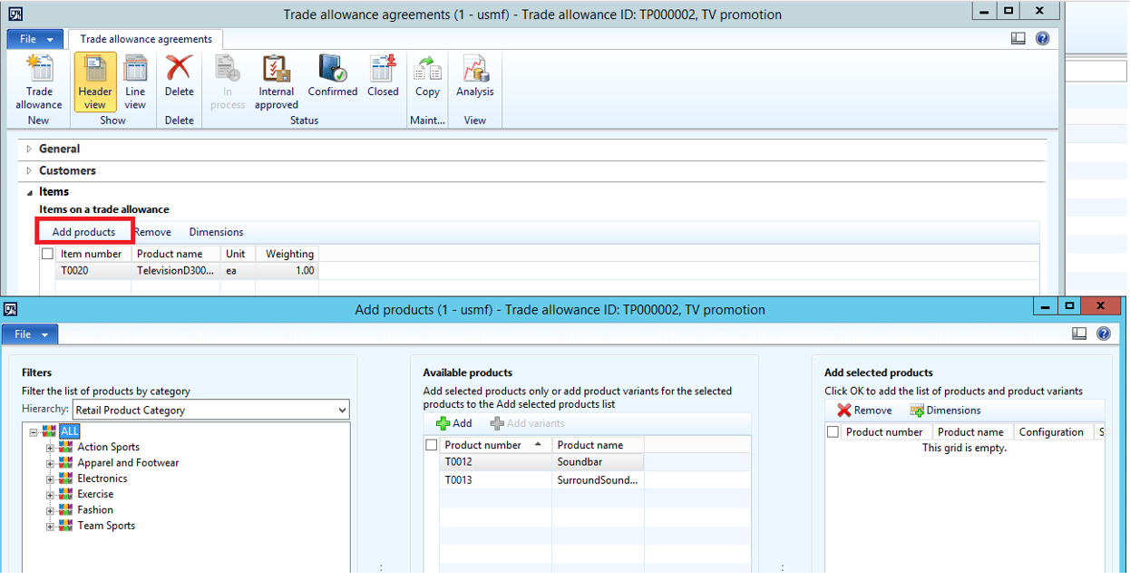 Trade allowance agreements add products form.