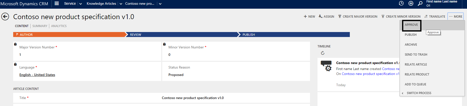 Clicking the approve button on the command bar.