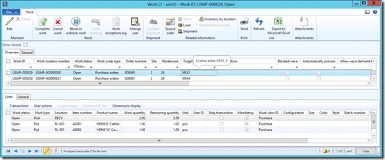 clip_image062 First work order having 2 work order lines of type put with location FL-001.