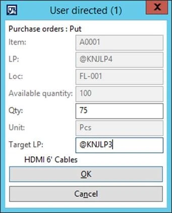 User scans quantity and target LP then clicks OK.