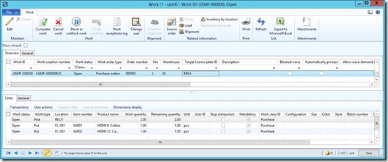 clip_image064 Second work order having 2 work order lines of type put with location FL-001.