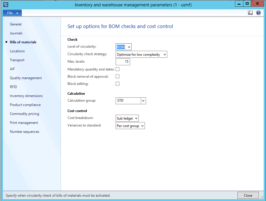 Inventory and warehouse management parameters.