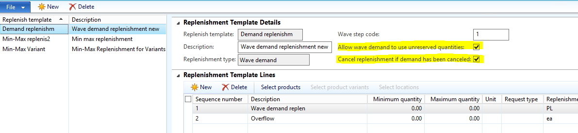 Replenishment template details.