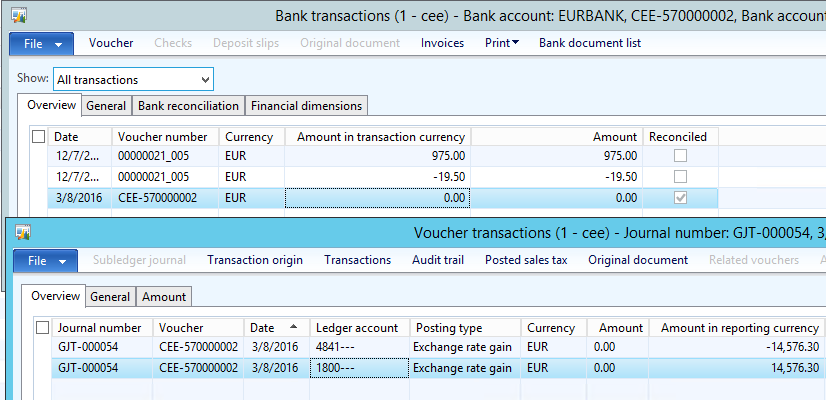Bank exchange rate gain/loss transaction