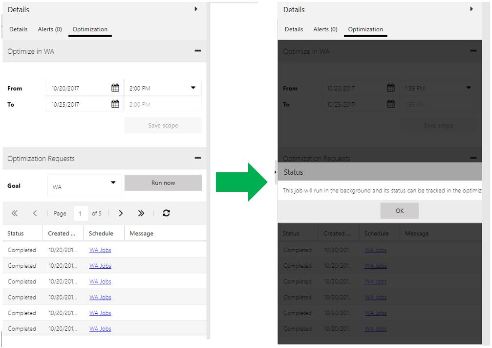Click Run Now to trigger an optimization request