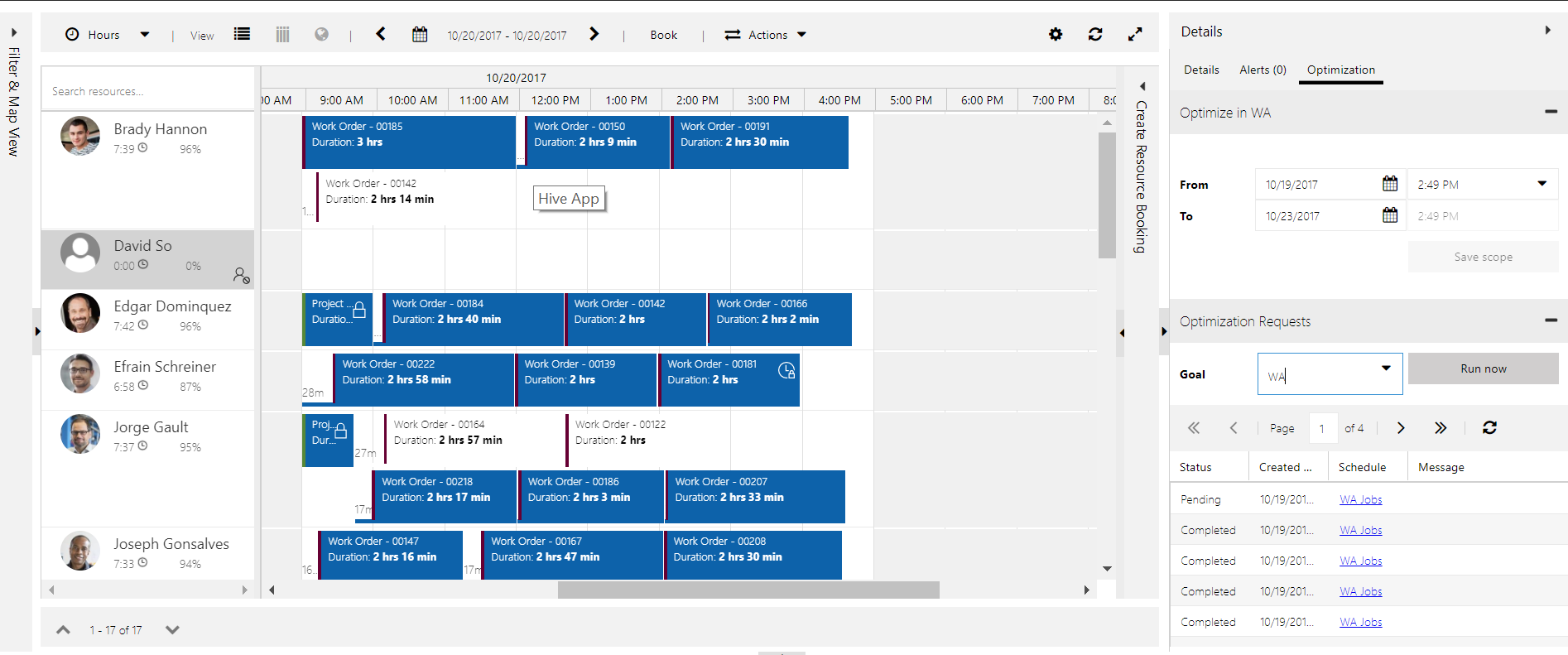 Simulation status for resource scheduling optimization