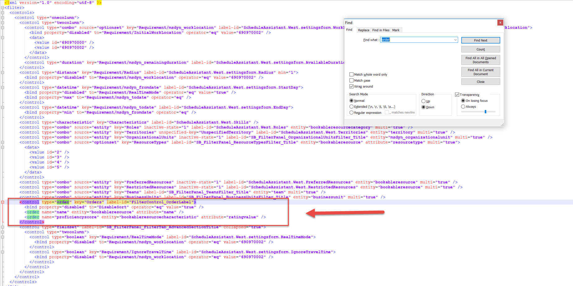 Find Order filter control