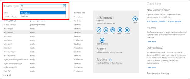 New filter in Dynamics 365 admin center