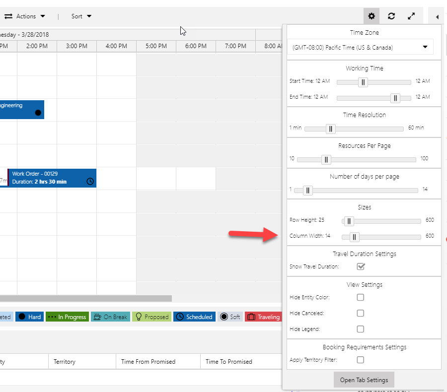 Access column width settings from Settings drop down on schedule board