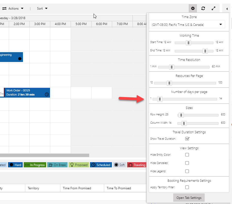 Adjust Number of days per page slider to increase number of days