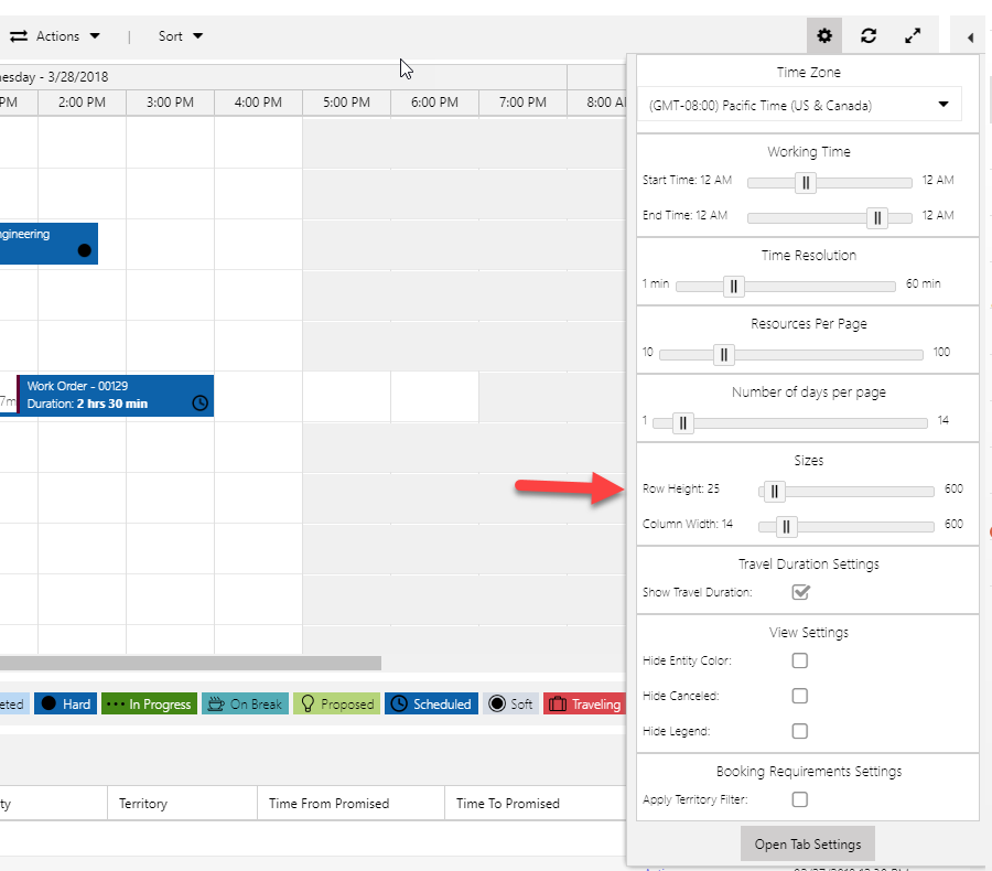 Open schedule board settings to change the row height