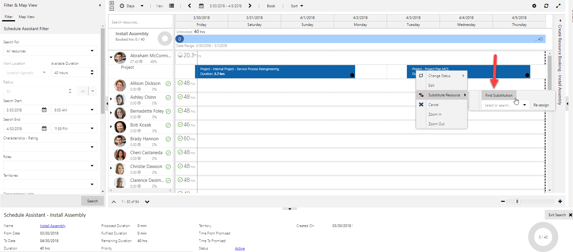 Right click a booking and click Find Substitution