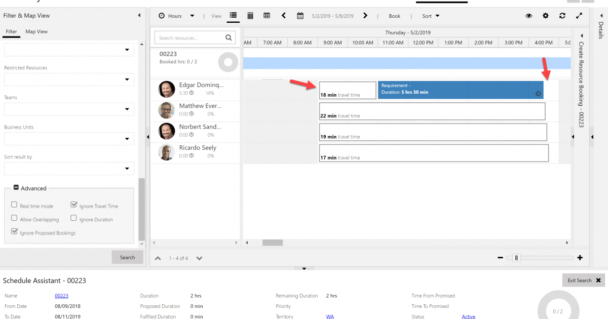 Schedule Assistant recommending two hour block at the end of the day, showing there is a 30 minute open block at the end of the day for the resource to travel home.