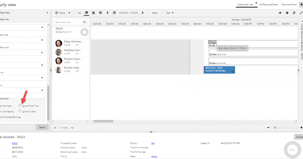 Arrow pointing to the Schedule Assistant option to "Ignore Travel Time"