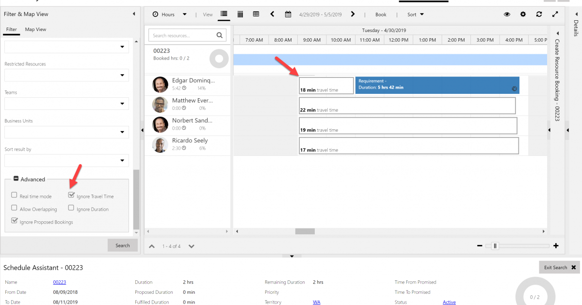 Ignore Travel Time is selected, and the Schedule Assistant recommends a two hour opening for the requirement even though there are 18 minutes of travel