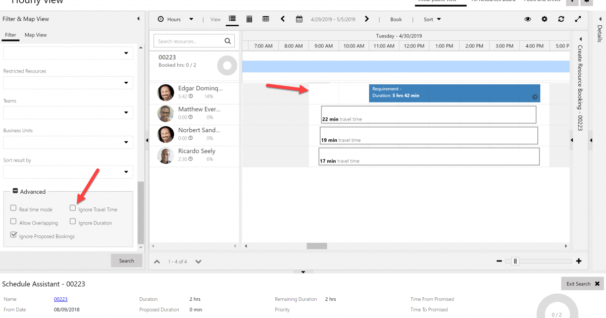 Ignore travel unchecked and schedule assistant does not show the resource as available for the two hour requirement