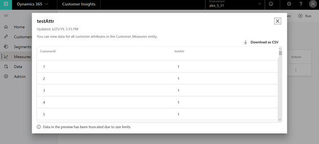a screenshot of a dialog window on the measures page with the ability to download the measure data as a CSV file