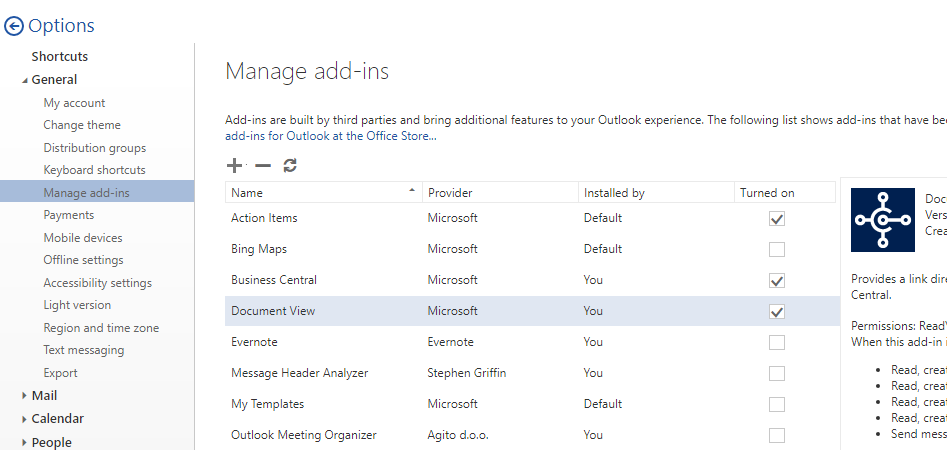 Managing Outlook add-ins