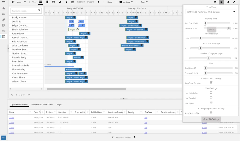 Board showing all hours and showing how to change the hours in the settings dropdown
