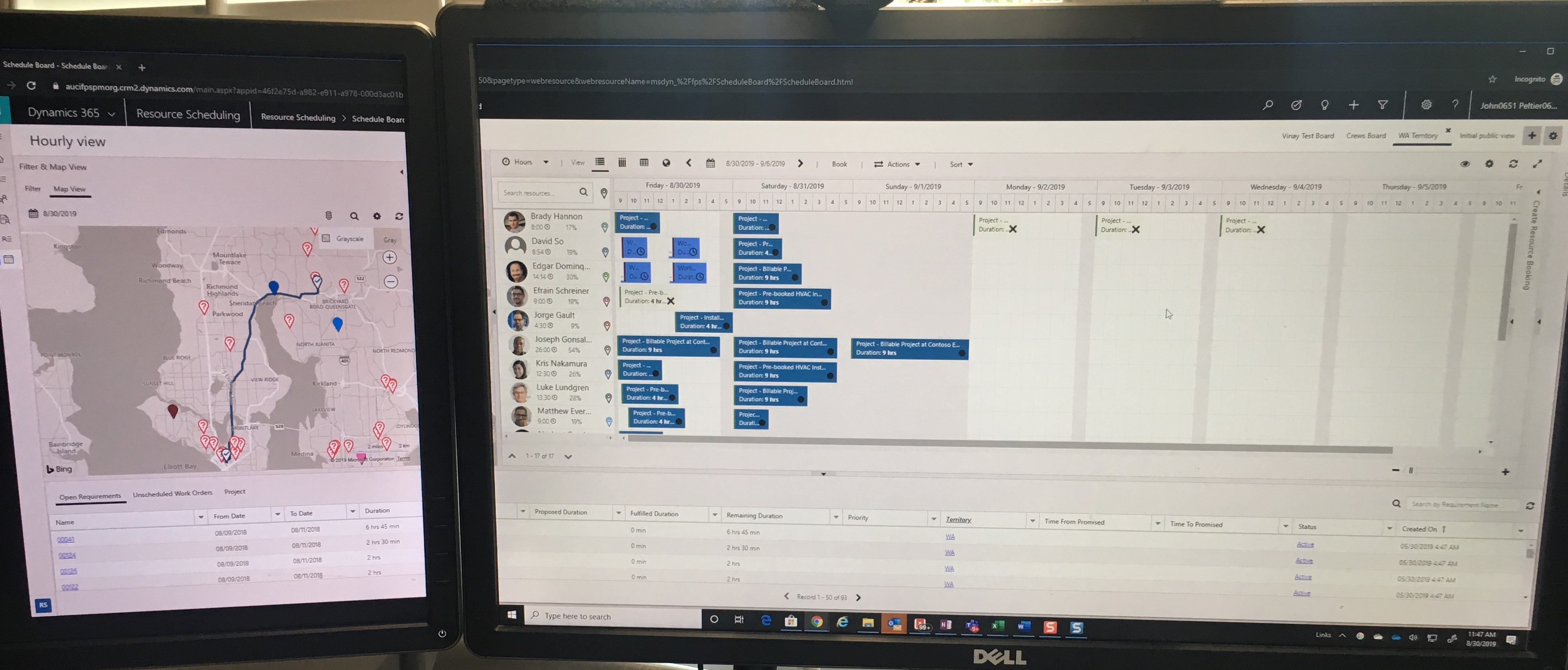 Two monitor setup showing map pulled to one monitor and rest of board on main monitor