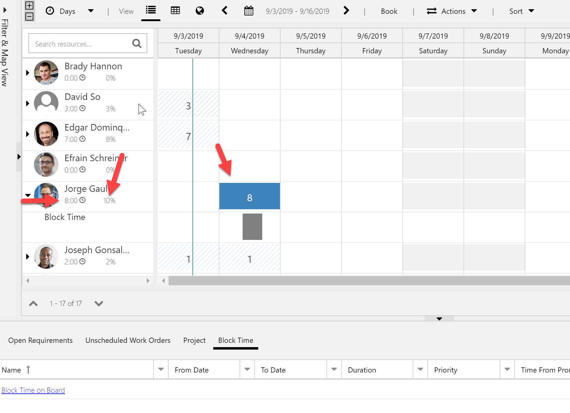 Schedule board showing the resource cell percentage and booked duration reflecting the "block time" bookings. Also shows the multi-day view showing those hours as booked