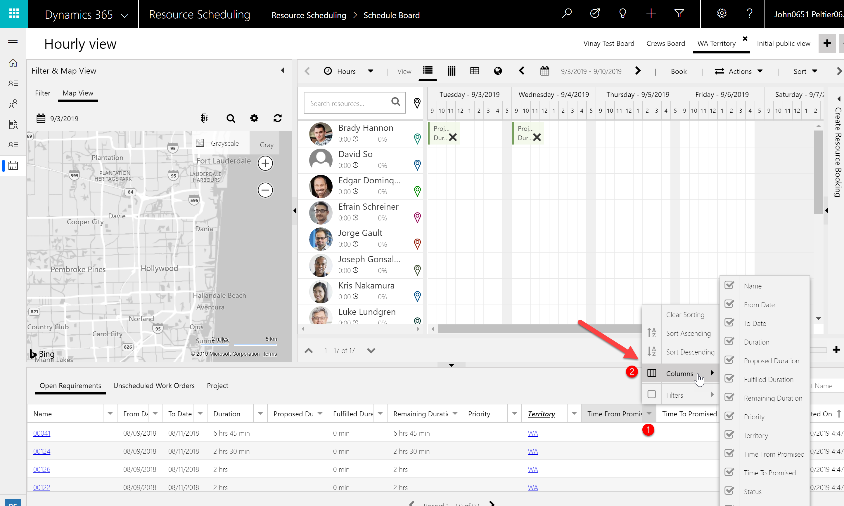 Clicking the arrows next to the columns in the booking requirements grid and removing columns