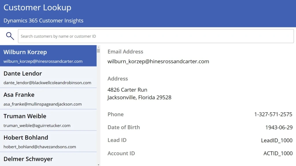 a picture of the Customer lookup with Customer Insights power app template with a customer selected